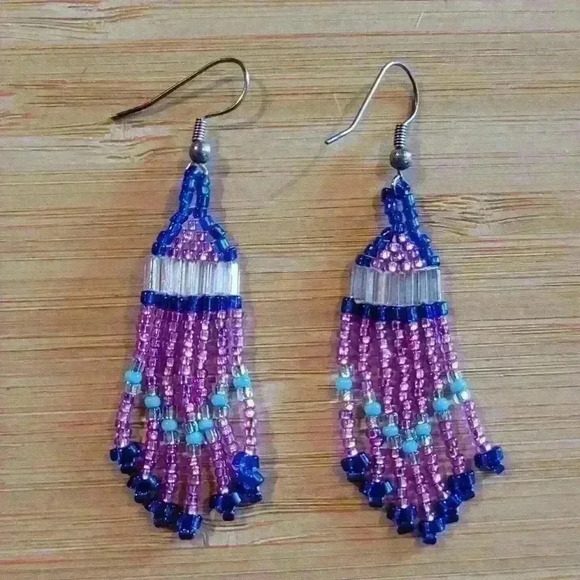 Beads Earrings in Purple,  Blue and White - Picture 1 of 1